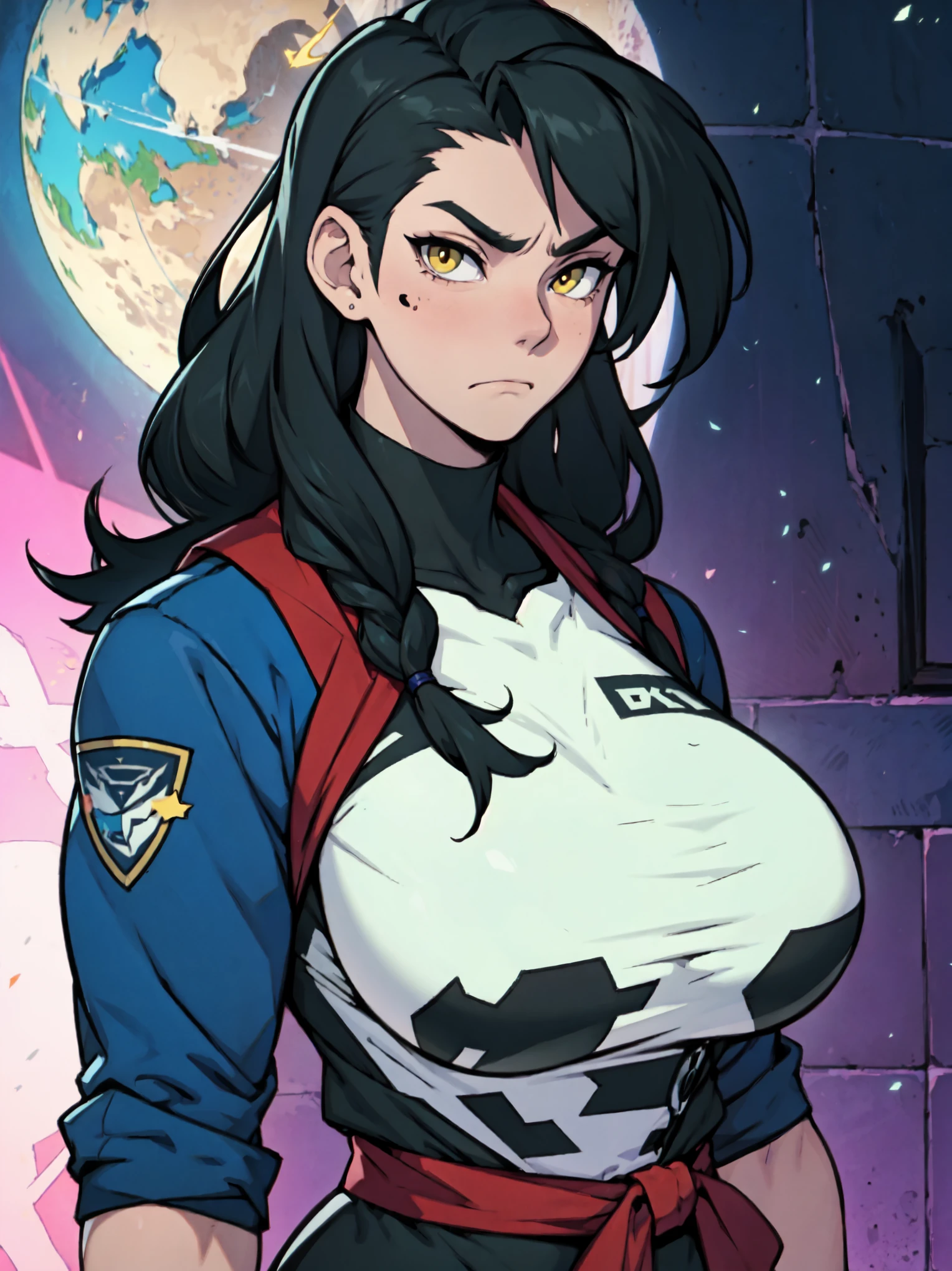 athletic build massive breasts pale skin black hair yellow eyes sad frown long hair