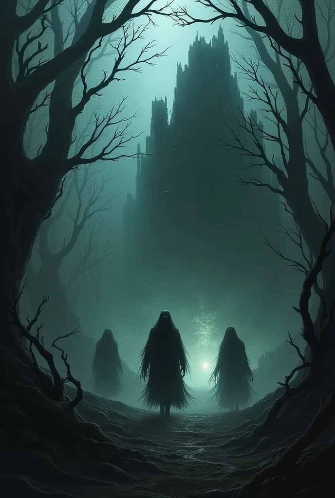 Three Cloaked Witches around a steaming big cauldron, 1 Witch standing with arms open, 2 other witches on knees, kneeling, (Macbeth) beautieful, creepy, dark fantasy, medieval, battlefield