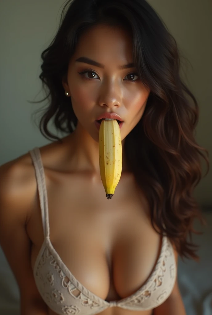 realistic sexy malaysian girl , sucking a banana , wet mouth , banana in the mouth , full body picture