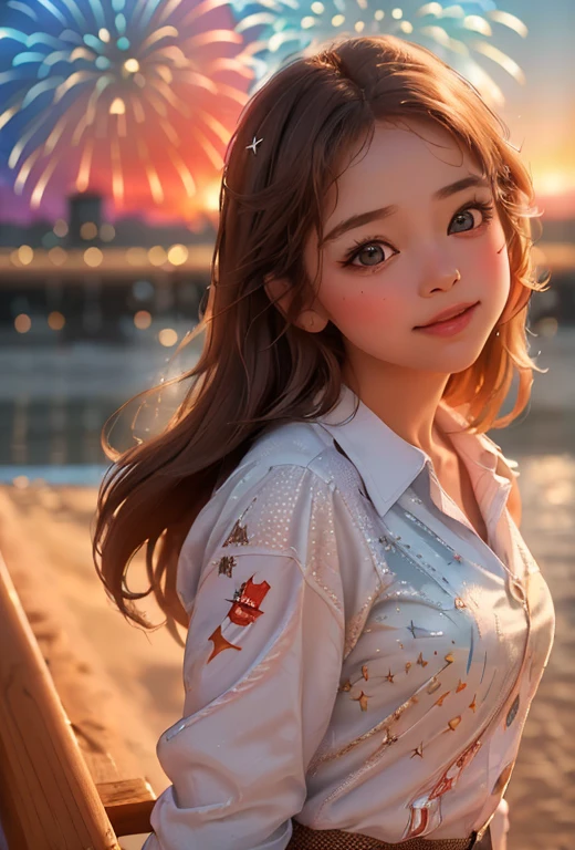 Cute girl about , playful expression, sly smile, brown hair, big eyes, dynamic angle, fireworks burning in the background, sunset, white smoke rising in the air, (cute, lovely, attractive: 1.2), (surreal, realistic: 1.37), (best quality, 4k, 8k, high resolution, masterpiece: 1.2), very detailed, (vivid colors, bokeh)