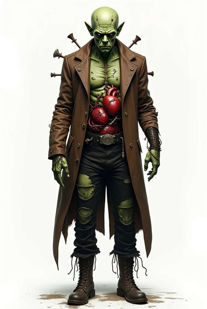 drawning, bright coloured, Frankenstein&#39;s monster, Van Helsing movie style, baldie, greenish wrinkled skin, wearing a brown overcoat with torn sleeves, ripped black pants, boots with iron piece details, rusty iron parts throughout the body, two adapted spokes on the back, glass exposing two hearts on the belly, suture marks on forehead and arms, white background, fully body 