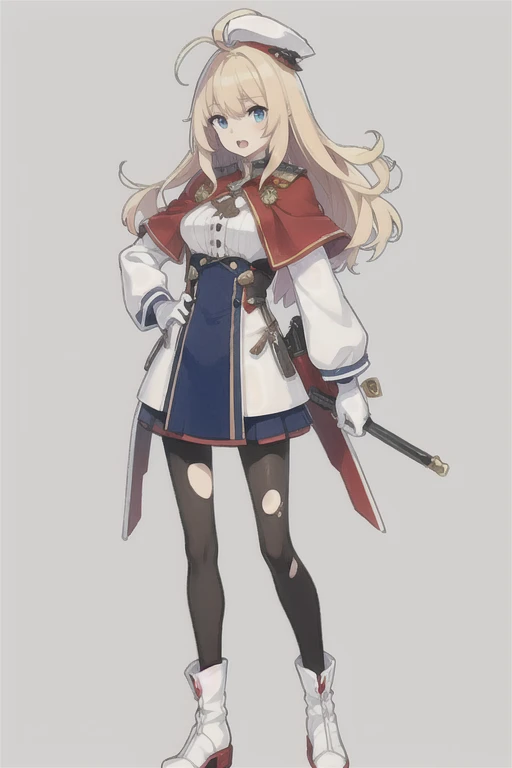 konggo \(warship girls r\),((Best quality))), ((Best quality))), ((Ultra-detailed)), ((illustration)), ((Disheveled hair)), ((frilld)), (1 girl), (Solo),1girl, ahoge, black legwear, blonde hair, blue eyes, boots, breasts, buttons, capelet, damaged, double-breasted, dress, fire, gloves, hat, jacket, long hair, long sleeves, looking at viewer, medium breasts, multicolored clothes, open mouth, pantyhose, sheath, smoke, solo, standing, sword, torn clothes, torn legwear, weapon, white footwear, white gloves, white jacket, Renovation, torn