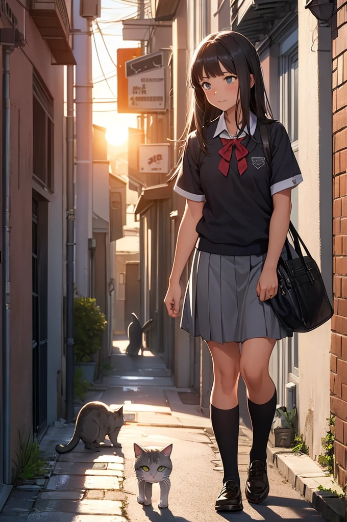 girl in school uniform feeding a grey cat, alleyway, sunset, 50mm lens
