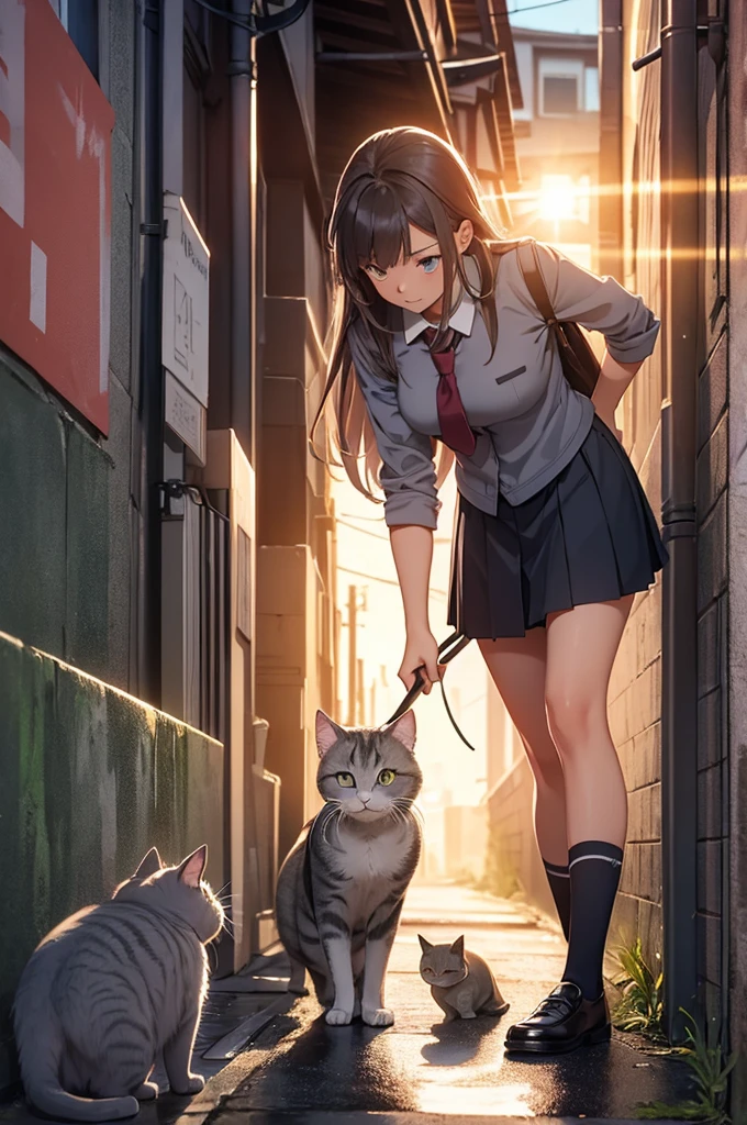 girl in school uniform petting a grey cat, alleyway, sunset, close up