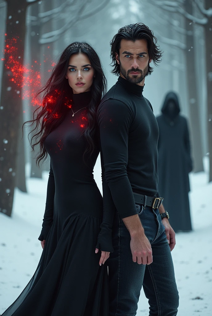 women, long wavy black hair, blue eyes, full lips, black high neck dress, Red energy coming out of it, in a snowy pine forest, man in suit, muscular, medium wavy black hair, blue eyes, with black energy coming out of it, In the background, a hooded man with his face covered, dressed in black