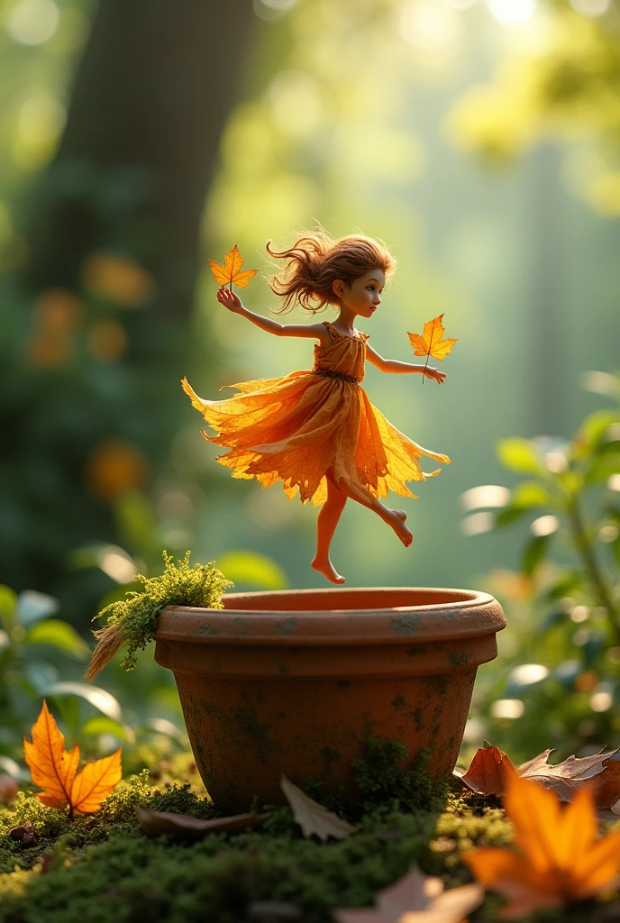 A whimsical miniature figure composed of delicately arranged autumn leaves, poised in a carefree dance on the rim of a weathered, moss-covered terracotta pot, set against a lush, vibrant forest backdrop, where dappled sunlight filters through the canopy above, casting intricate shadows. The overall aesthetic is ethereal, with warm, earthy tones of sienna, umber, and olive green, infused with hints of emerald and golden light, evoking a sense of wonder and enchantment, as if plucked from a fantastical realm.