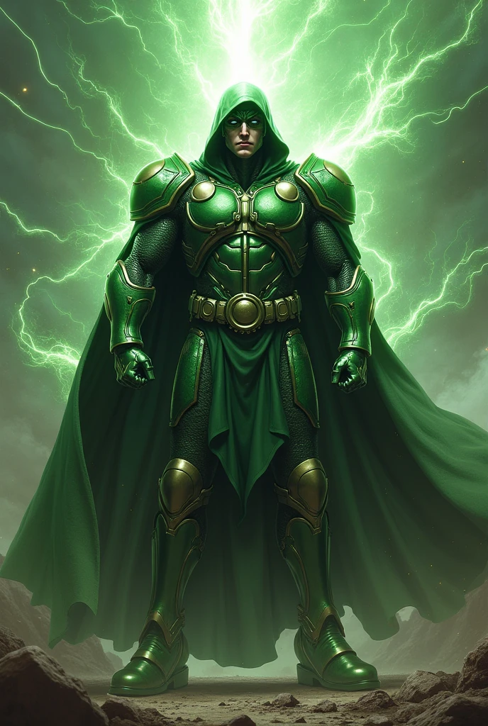 Generate a Robert Downey Jr. Doctor Doom looking straight ahead with green glow in his eyes in dark space