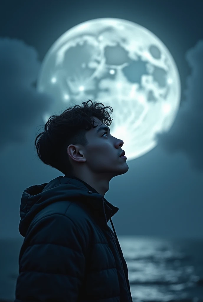 masterpiece, Best Quality, 8K, a full moon that fills the screen., 1 boy 20 year old