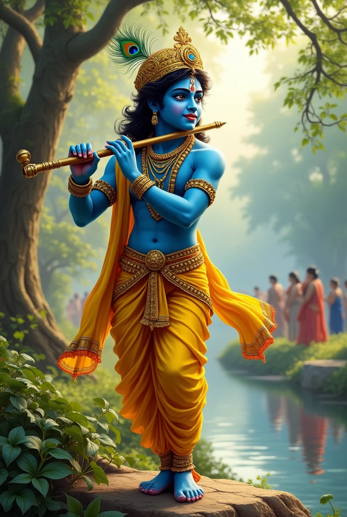 Skin Color: Dark blue (Neela).
Clothing: Yellow dhoti (peetey rang ka dhoti) and a flowing shawl.
Accessories:
A crown (mukut) adorned with peacock feathers.
A flute (bansuri) held in one hand.
Precious jewelry, including necklaces and earrings.
Pose:
Krishna is playing the flute gracefully.
He should be depicted in a serene and joyful manner.
Setting:
Background: A lush green forest of Vrindavan with a calm river (Yamuna nadi) in the backdrop.
Additional Elements: Include some cowherds and gopis (female devotees) in the background, admiring Krishna.
Style:
Traditional Indian art style with vibrant colors.
The image should convey a sense of divine tranquility and joy