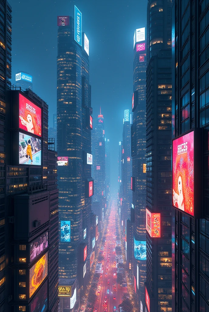 A very prosperous city, screen advertisements on the buildings, skyscrapers in the distance nighttime pov in the sky