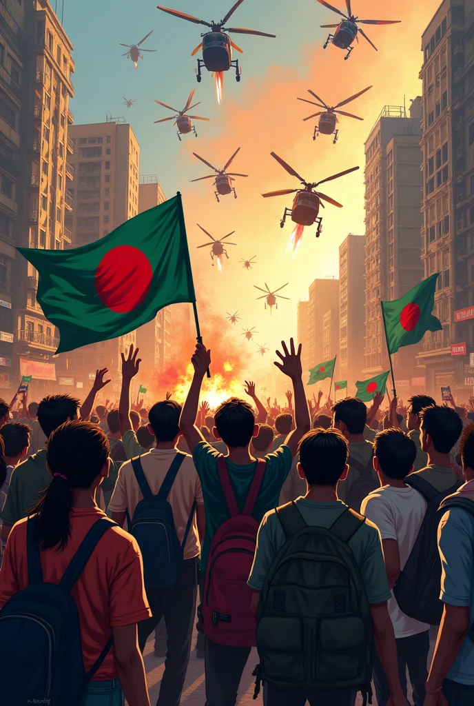 Creat an image for me where the Bangladeshi students are protesting with BD flag in the Dhaka city for justice and Police, RAB, BGB are open firing to kill their from in front them and from helicopters and over the image please visible the text is "Gen-Z on Fire 24"