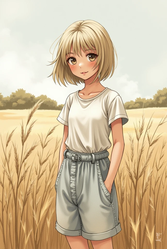 a white girl, short hair, bangs, anime style, white t-shirt, strong shadow, bold lineart, blonde hair, crossed legs, small breasts, country landscape