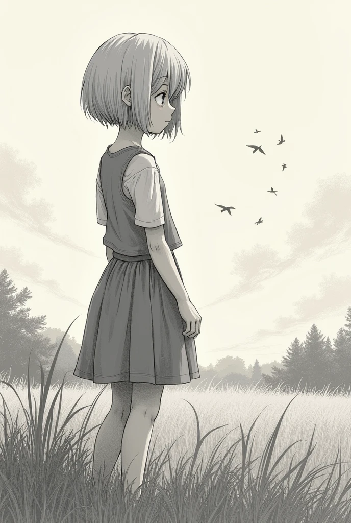 Drawing of a short-haired girl in the countryside