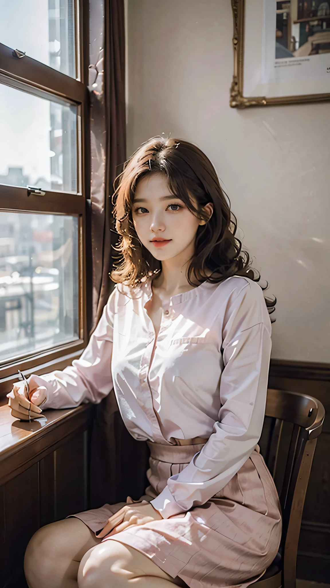 detailed background, masterpiece, best quality, 1 person , curly hair, long hair, purple eyes, star in eye, pink blouse, long  skirt, sitting on dinning table.