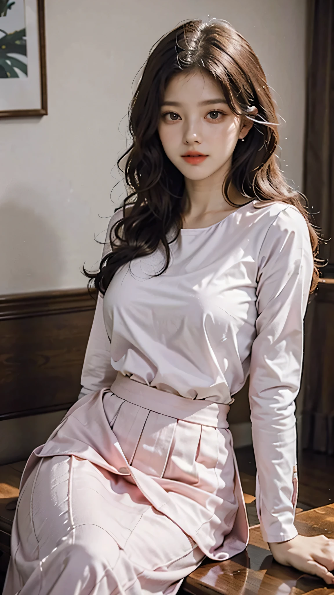 detailed background, masterpiece, best quality, 1 person , curly hair, long hair, purple eyes, star in eye, pink blouse, long skirt, sitting on dinning table.