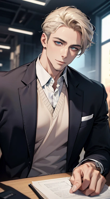 (best quality,4k,8k,highres,masterpiece:1.2),ultra-detailed,(realistic,photorealistic,photo-realistic:1.37),1 man,31 years old,mature man,very handsome,without expression,smile,short grey golden hair,blue eyes,penetrating gaze,perfect face without errors,imposing posture,businessman,office background,cinematic lighting,hdr image