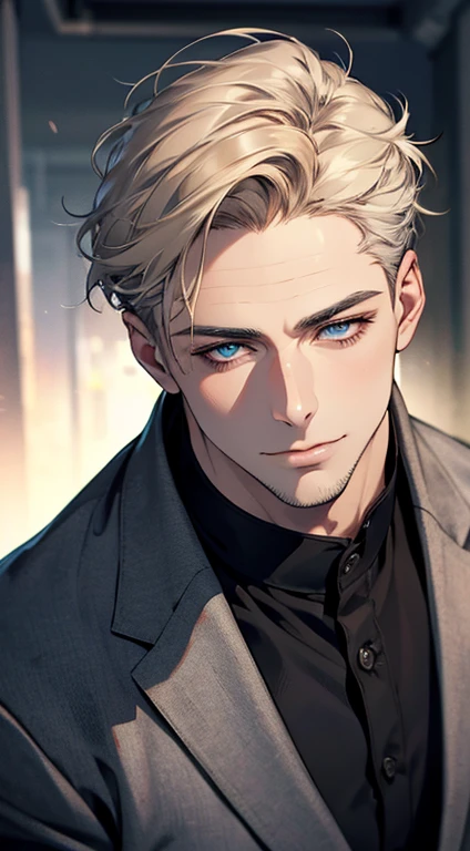 (best quality,4k,8k,highres,masterpiece:1.2),ultra-detailed,(realistic,photorealistic,photo-realistic:1.37),1 man,31 years old,mature man,very handsome,without expression,smile,short grey golden hair,blue eyes,penetrating gaze,perfect face without errors,imposing posture,businessman,office background,cinematic lighting,hdr image