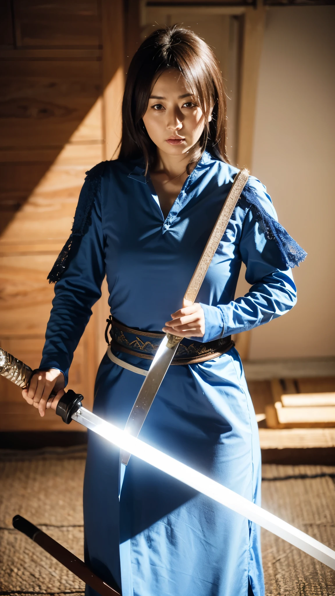Highest quality realistic photos, Beautiful female swordsman, Dressed in blue, holding a sword, and heading off to battle