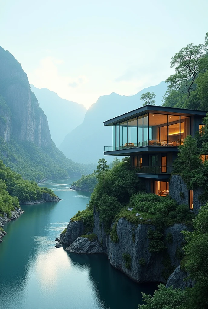 Overlooking the river、Luxury glass villa