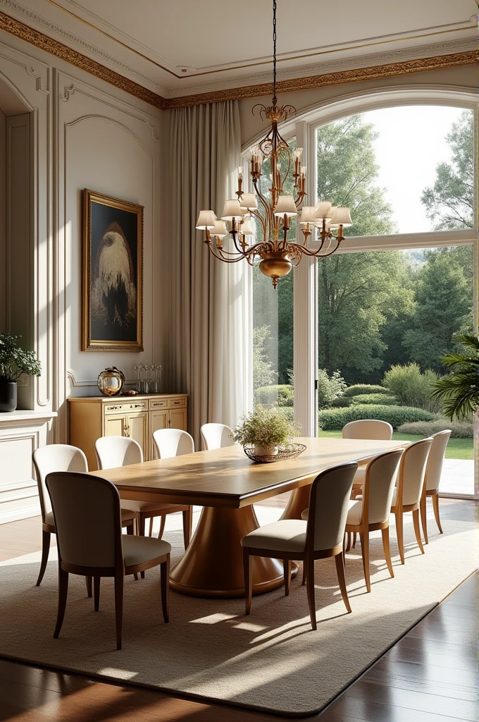 Professional 3d architecture rendering design of modern and French design for living room and dining room with elegant wooden with gold dining table and eight elegant French chairs