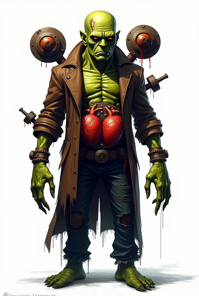 drawning, bright coloured, Frankenstein's monster, Van Helsing movie style, baldie, square forehead, greenish wrinkled skin, wearing a brown overcoat with torn sleeves, ripped black pants, boots with iron piece details, rusty iron parts throughout the body, two adapted spokes on the back, glass exposing two hearts on the belly, suture marks on forehead and arms, white background, fully body