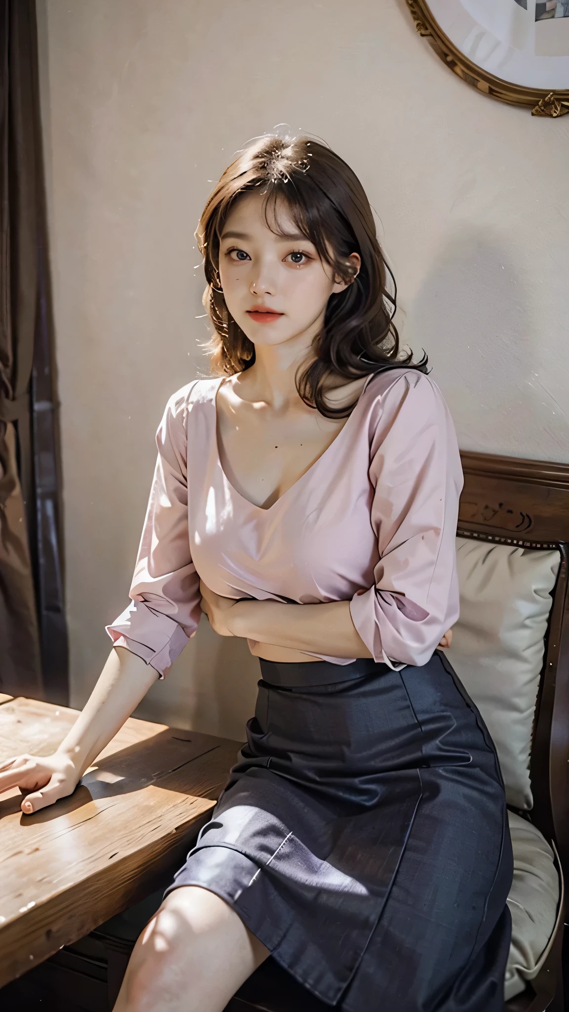 detailed background, masterpiece, best quality, 1 person , curly hair, long hair, purple eyes, star in eye, pink blouse, long skirt, sitting on dinning table.