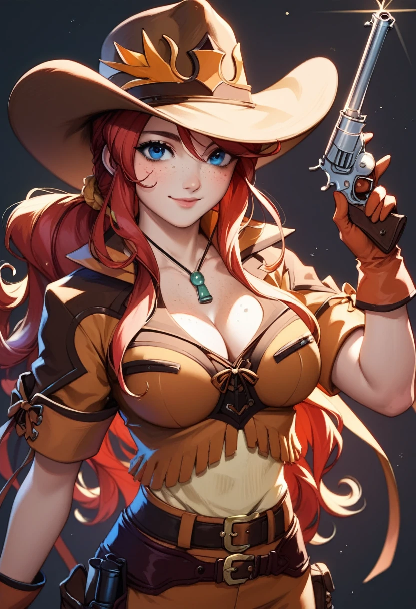 score_9, score_8_up, score_7_up, very aesthetic, source_anime, detailed, high quality, beautiful, masterpiece, detailed eyes,
(Simple dark background), blurry background,
cowboy shot, upper body, (light smile), facing the viewer, looking at the viewer, close-up,
gemini sunrise, red hair, long hair, blue eyes, freckles, sidelocks, big breasts, cleavage,
belt, thigh strap, cowboy hat, cowboy boots, fringe trim, gloves, miniskirt, (revolver gun), zPDXL