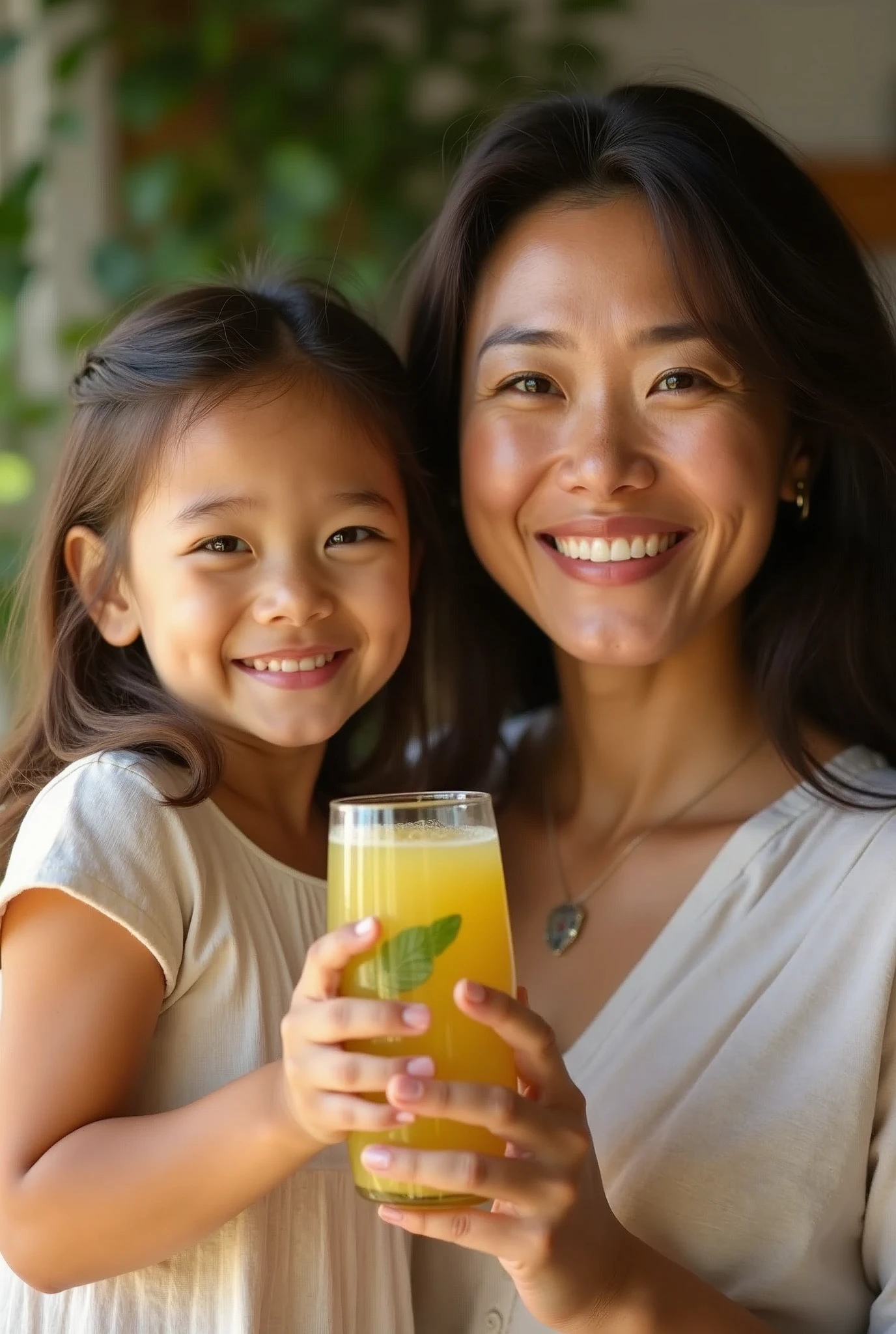 A mother and daughter together, holding a bottle of noni juice, showing happy expressions. Keywords: "mother and daughter, warm, familial bond, natural light"