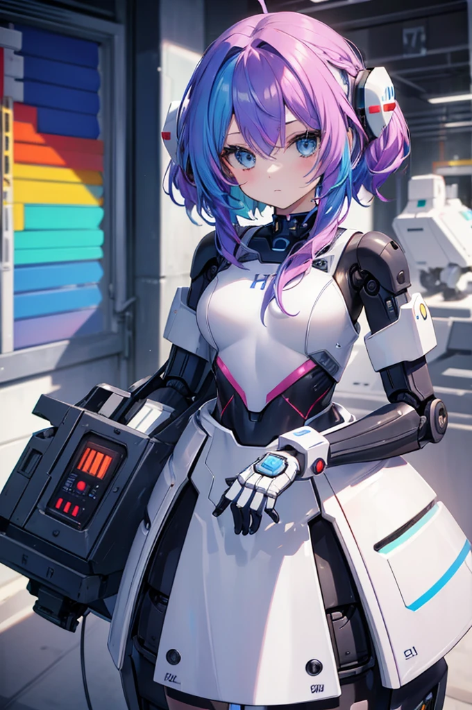 ((robot girl)), solo, (((fitting suit, colorful hair)))