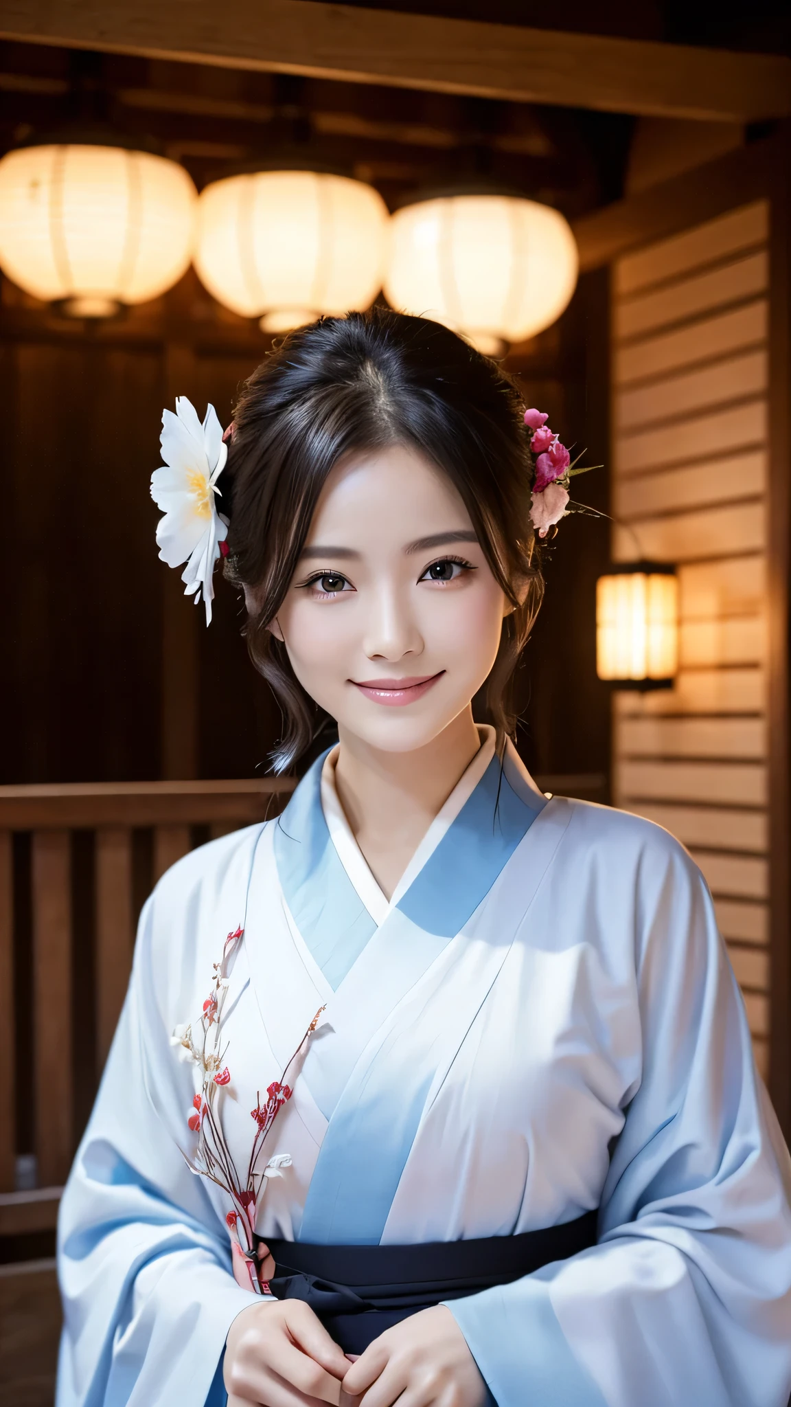 (Super beautiful woman in kimono)、((highest quality、8K masterpiece:1.3))、sharp focus:1.2、(super beautiful face:1.0)、(shiny skin:1.0)、realistic pictures、black hair、video lighting、High resolution eyes and face、video lighting、japanese actress、from the front、with a happy smile、whole body、wearing a kimono、in Kyoto、(luxury obi)、with a fan、Fireworks Display