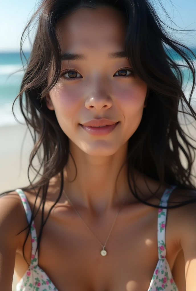 instagram selfie , Beautiful 23 year old Japan woman , 笑face , Detailed skin、face、eye , Natural light , Beach, Long Hair, Wearing cute pajamas , Film Grain, Low contrast, Natural face , Black Hair , Dark circles under the eyes、Cleavage、Sunburned skin:2.0,surfer、Large Breasts