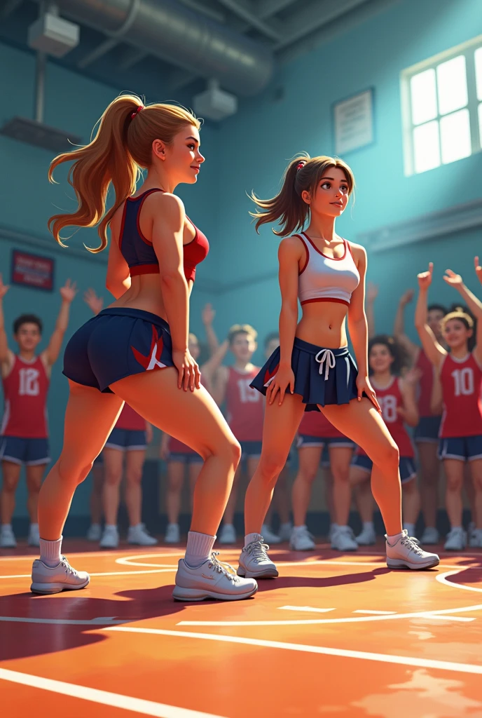 Cheerleaders in short shorts sit on athletes back for push-ups contest at high school prep rally