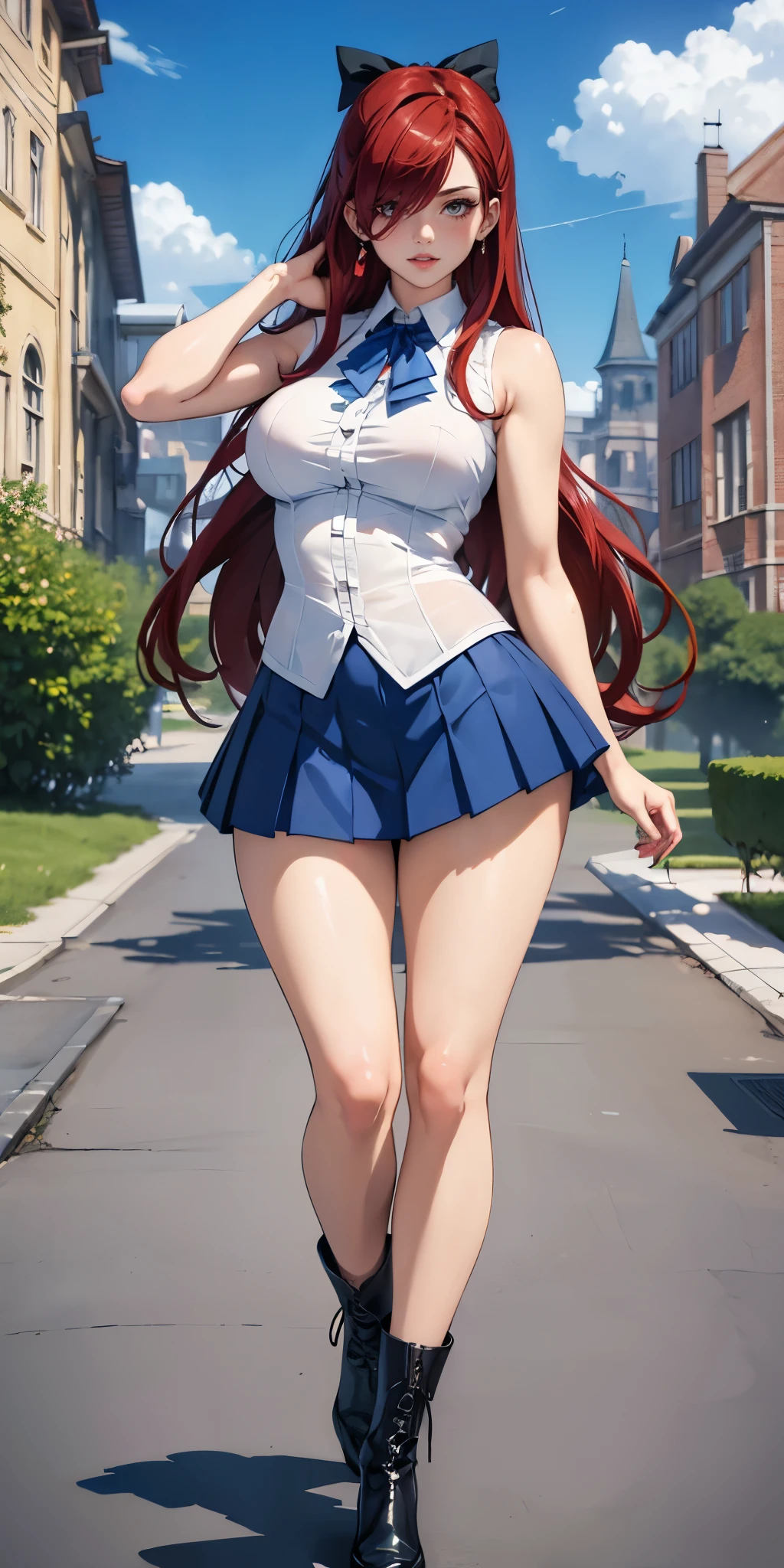 ((1girl, solo)), large breasts, beautiful body, (perfect anatomy, perfect body, perfect hands, perfect legs), nice hands, natural proportions, sexy body, standing, full body BREAK
((extremely detailed face)), brown eyes, (beautiful detailed eyes:1.6), (realistic pupils, realistic iris:1), expressive eyes, looking at viewer, (clear eyes:1.3), (hyperrealistic:1.2), (detailed skin texture:1.2), smooth skin, (red hair:1.5), (hair over one eye:1.5), long hair, (detailed lips:1.2), (attractive lips:1.1), (glossy lips:1.1), smile, parted lips, perfect face, perfect eyes BREAK
sleeveless shirt, (white shirt:1.3), collared shirt, ((blue bow)), bare shoulders, ((mini skirt)), blue skirt, pleated skirt, frill trimmed, thighs, ass visible through thighs, black footwear, high heel boots BREAK
(masterpiece:1.5), anime-style, top quality, best quality, (beautiful and aesthetic:1.2), (ultra detail:1.5), Ultra-detailed depiction, Ultra-precise depiction, extremely detailed 8k illustration, high resolution, (highly detailed shading:1.2), (realistic lighting:1.4), perfect lighting, vibrant colors, dynamic tones, striking hues, 8k, absurd resolution, perfect shadows, hdr, UHD, ambient lighting, realistic, ultra-realistic, photo realistic, highly detailed, rich detail, luminous colors, fine texture, intricate design, professional illustration, (soft light:1.2), (illustration:0.7)