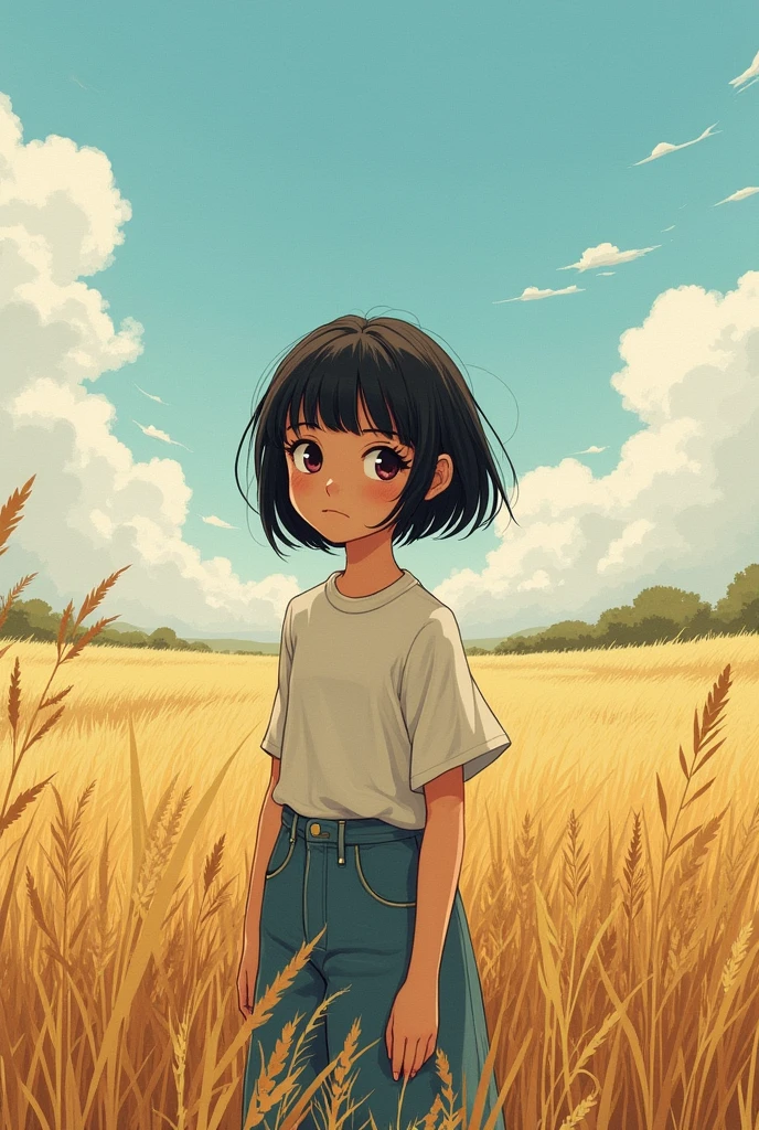 Drawing of a girl with short black hair in the countryside