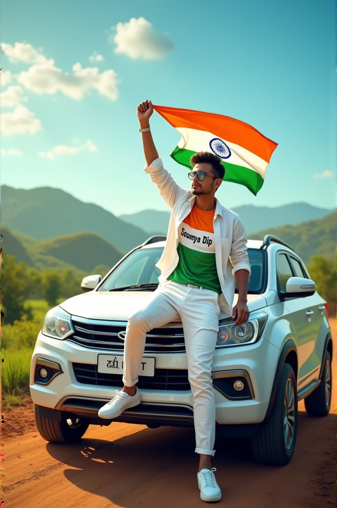 Create an Real image featuring a young man sitting on the hood of scorpio car, with Indian's scenic background. He's holding a flag celebrating Indian 15th August. The boy wears a tirnga T-shirt with soumya dip' printed on it, white jacket, white pants, white shoes .