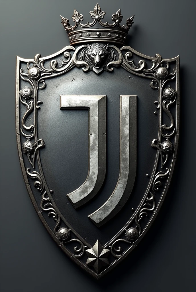 I want to create a shield with the emblem of the Stark house from Game of thrones , the J of Juventus of the football team and a crown on the shield , and a letter T