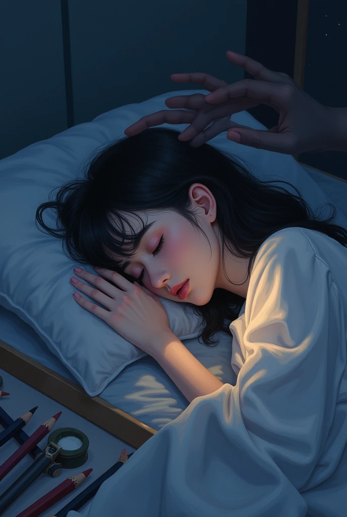 An Artist Girl sleeping, feeling like her boyfriend shadow hand on girl's head, pencils surrounding her, night 