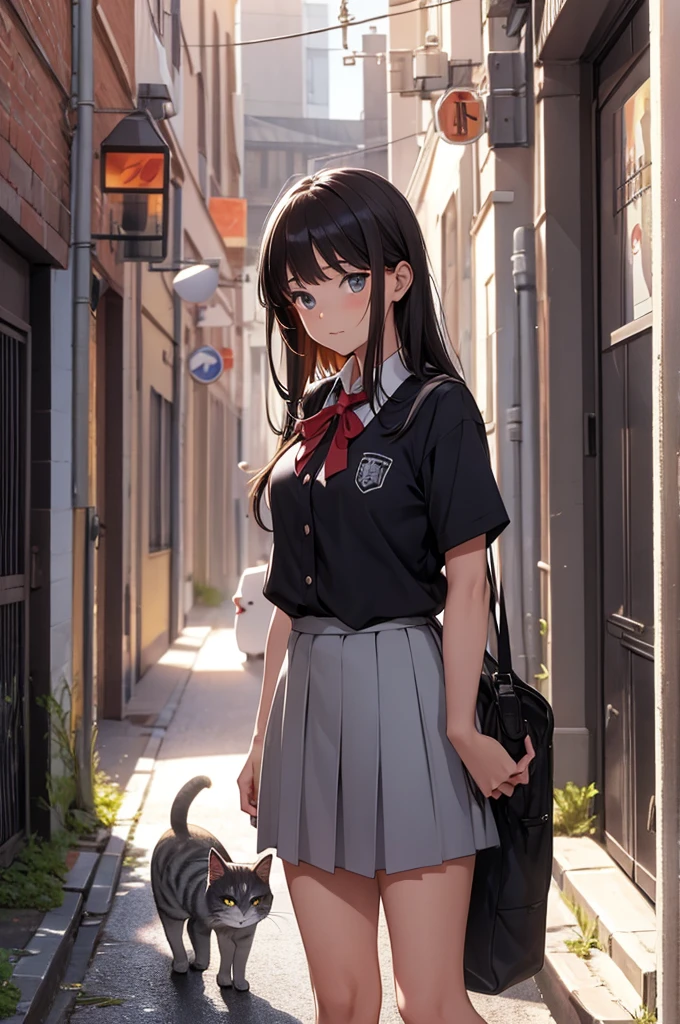 girl in school uniform petting a grey cat, alleyway, sunset, close up
