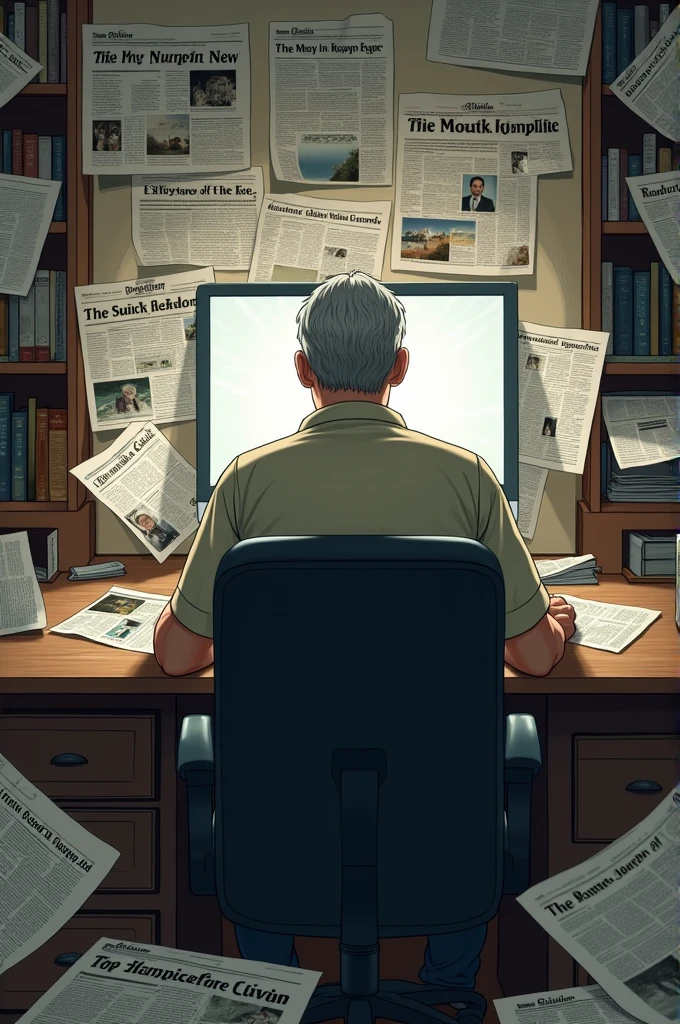 A Man siting with his computer and his room filled with news paper scattered around