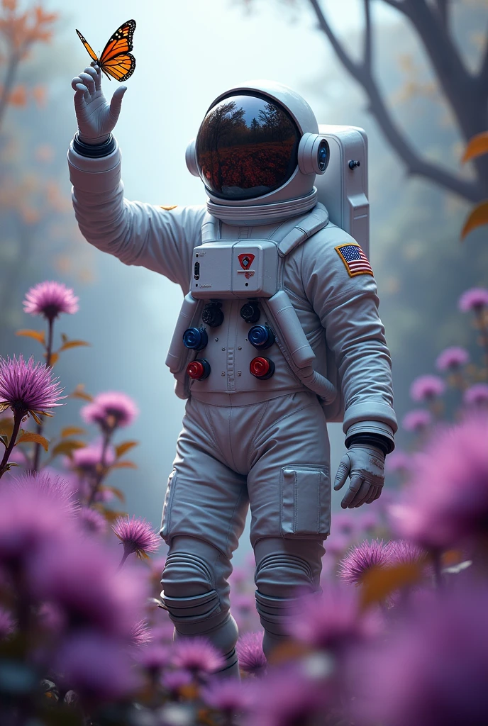 High quality best quality astronaut from the front one arm raised almost touching a butterfly just one butterfly almost at the astronaut's fingertips garden from another planet plants from another planet no flowers other plants in place color of plants purple Helmet large lens reflecting the environment
