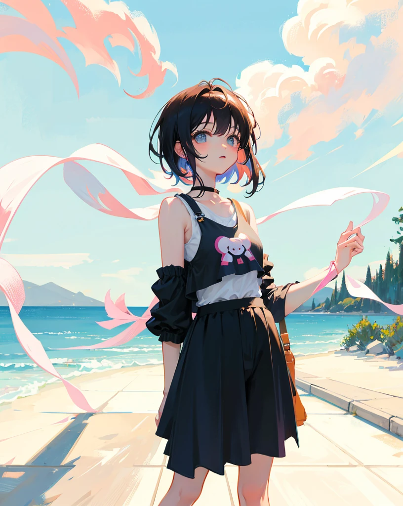 (Realistic painting style:1.0), Masterpiece, Best quality, absurderes, comic strip, illustration,
1 girl, medium hair, cute girl, young and cute girl, Korean girl, {Breasts}, kuan17,
a girl in black top and grey skirt standing on street, wearing black camisole outfit, cute kawaii girl, photo of slim girl model, wearing a chocker, simple clothes, simple clothing, blue sky, sexy,