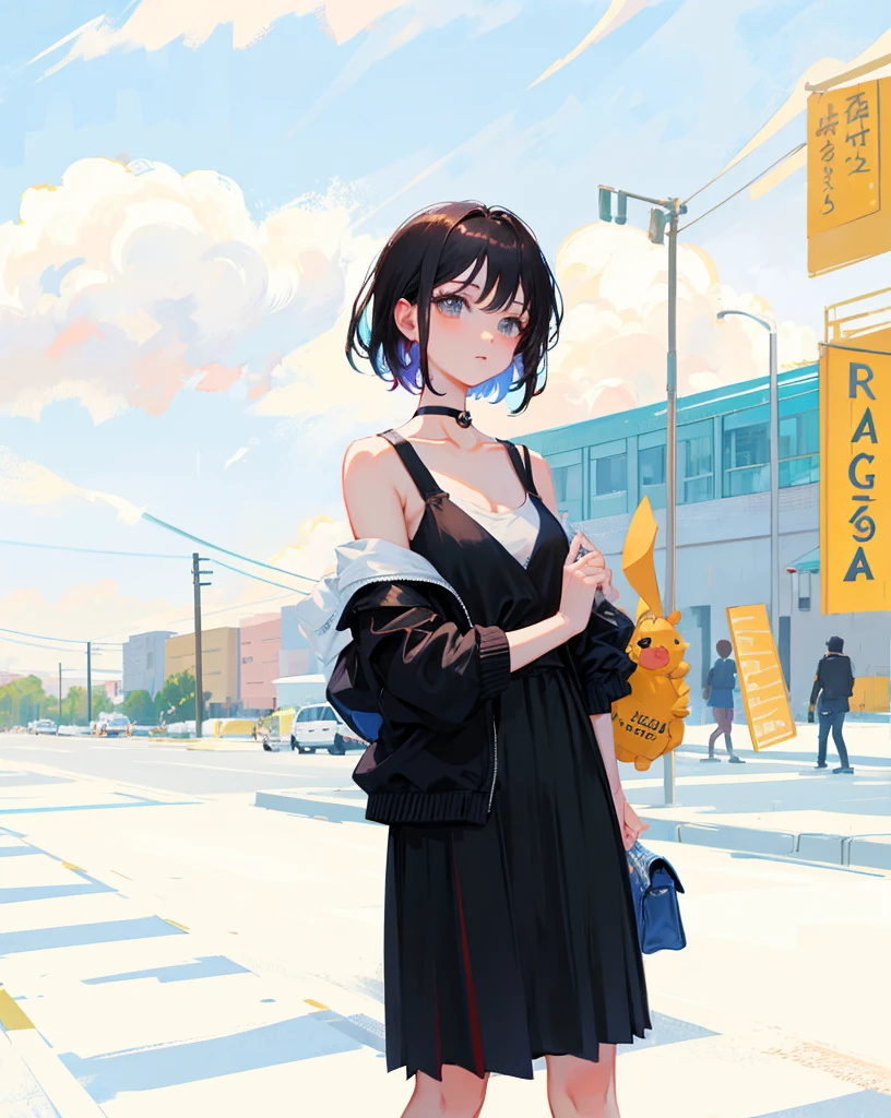 (Realistic painting style:1.0), Masterpiece, Best quality, absurderes, comic strip, illustration,
1 girl, medium hair, cute girl, young and cute girl, Korean girl, {Breasts}, kuan17,
a girl in black top and grey skirt standing on street, wearing black camisole outfit, cute kawaii girl, photo of slim girl model, wearing a chocker, simple clothes, simple clothing, blue sky, sexy,
