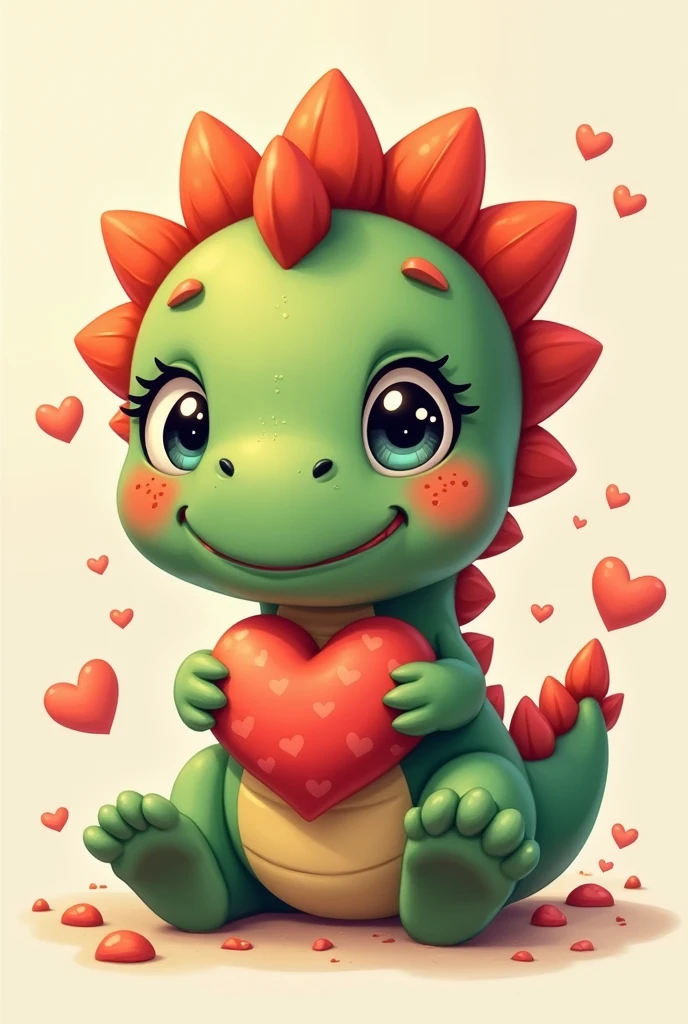 Cute and adorable dinosaur holding a heart, with red hair and green skin, heart shaped moles, shining eyes