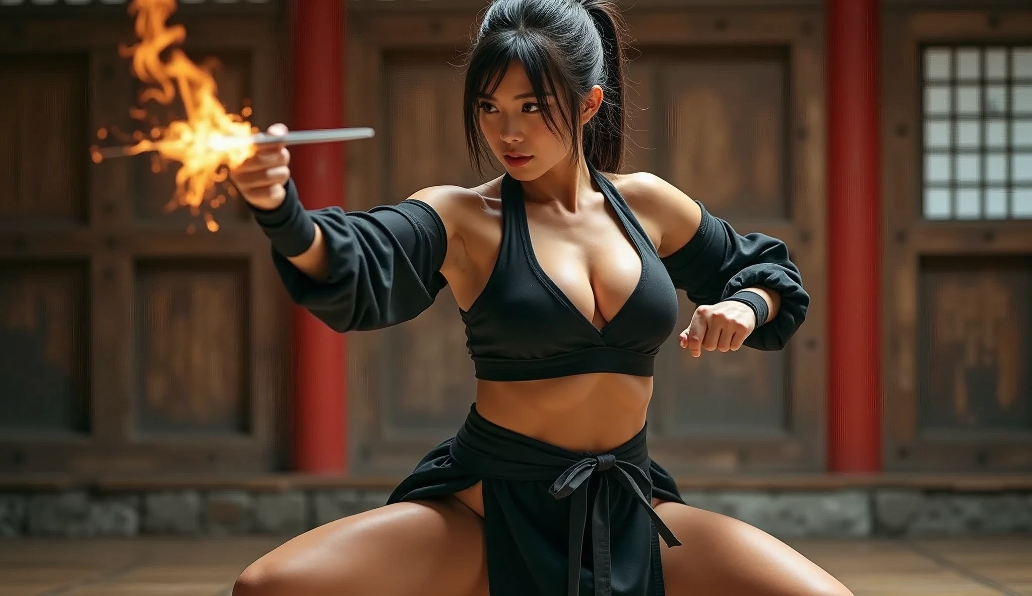 beautiful japanese woman with big boobs in revealing short ninja costume, preparing to strike, fighting pose, confident look, kung fu