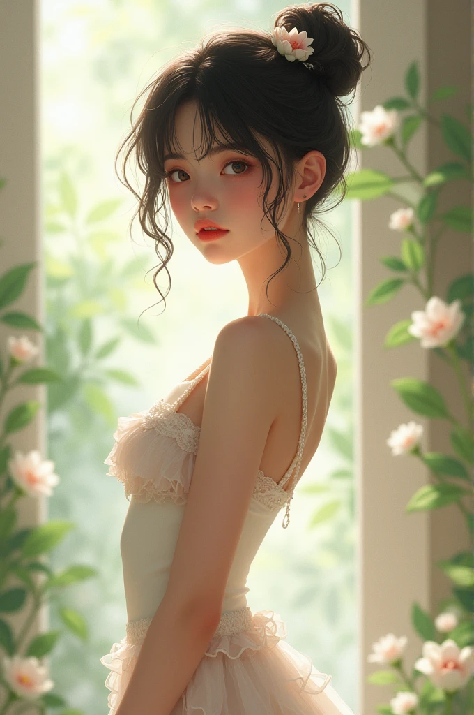 16 year old pre-, European, blonde, small breasts, big eyes, long legs, close-up of thighs, nightgown, park background, crossing a wooden bridge at the lake, tree, cherry blossom, sunrise, light through fabric, specular light, ray tracing, HDR