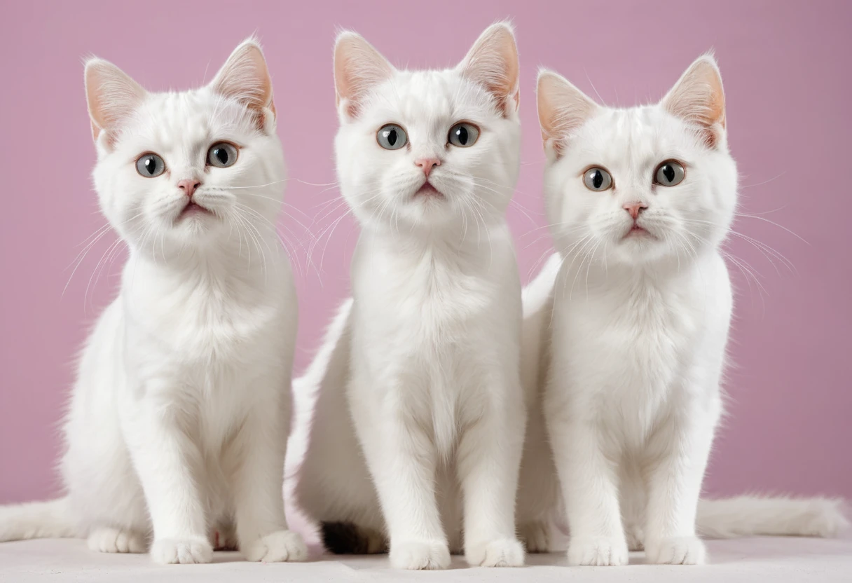 ３White Cat, The Flehmen phenomenon, ((Standing and dancing, Front legs spread out to the left and right)), Close-up of two cats&#39; faces, Rough Collage, Solid yellow-green background