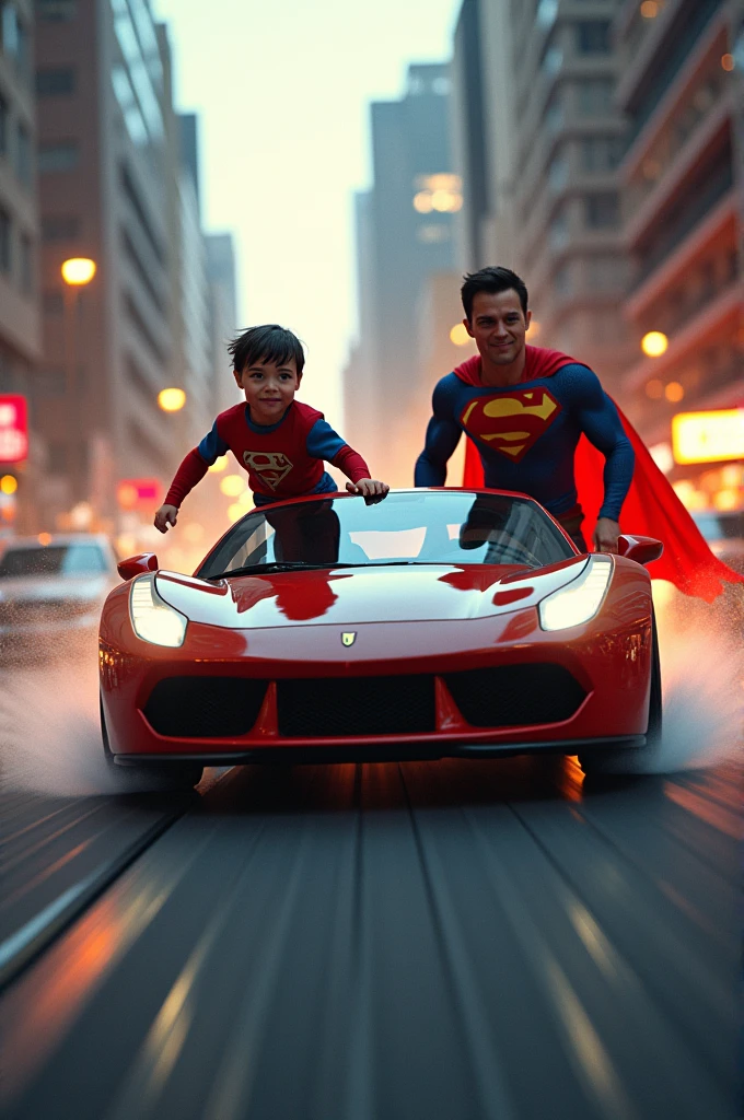 Make images of two superheroes without the head part, being a superhero in a child's body and a superhero in an adult's body driving fast car