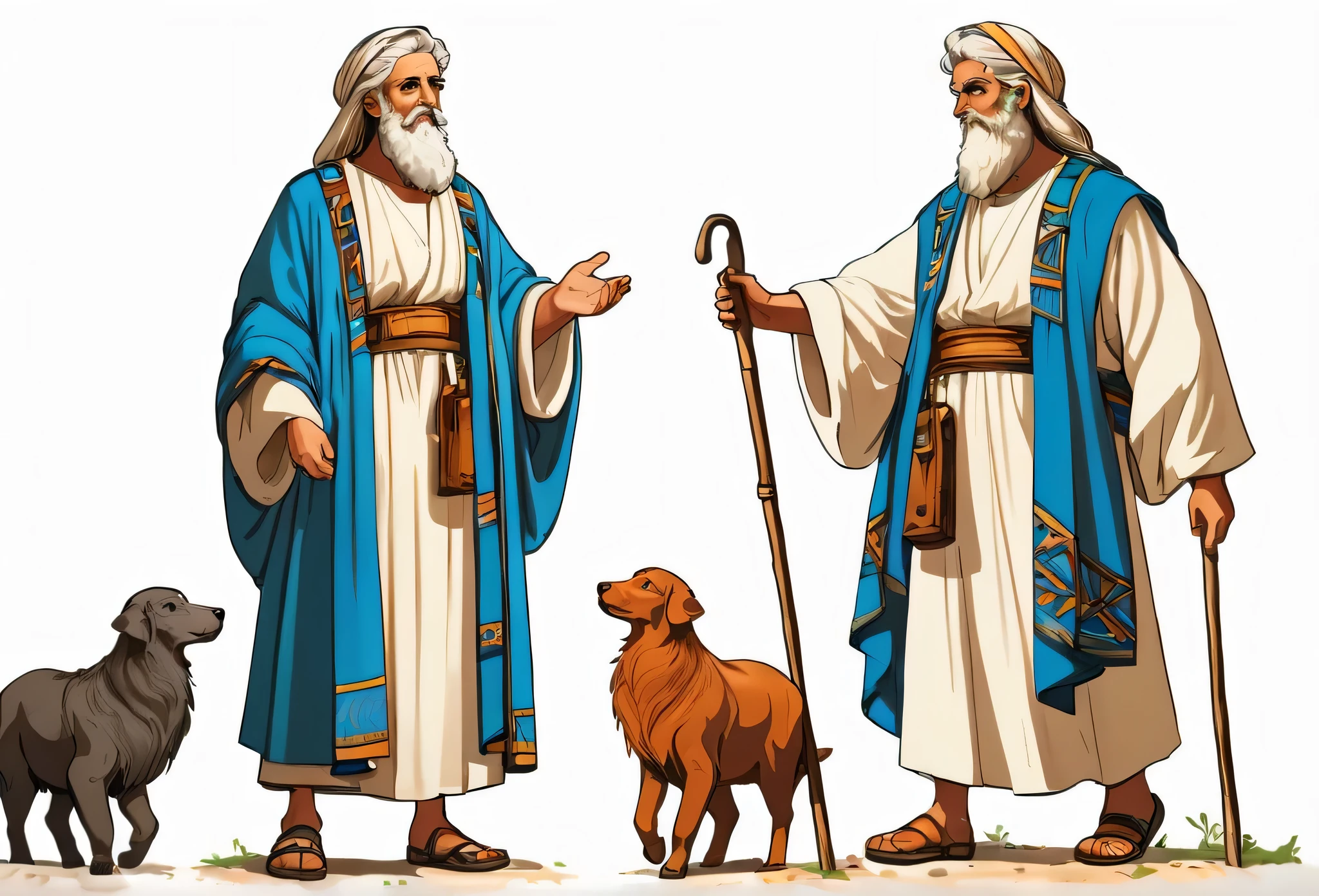  bible story, Abraham walking, character design. Front view and side view. White background 
 (masterpiece best quality:1.2) delicate illustration ultra-detailed, illustrations, bright, colourful, 