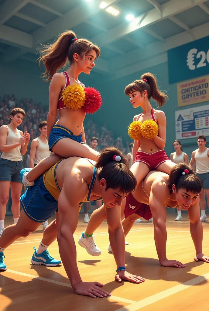 Cheerleaders in short shorts sitting on guys back for push-ups contest at high school prep rally
