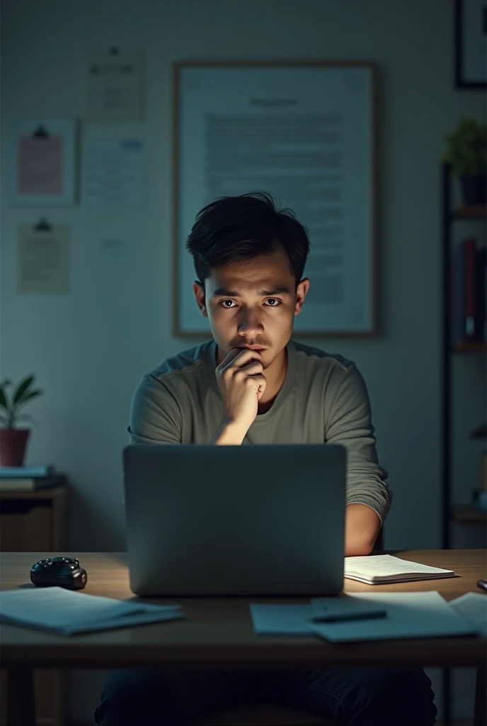 A person not applying for job because he thinks that he will get rejected. He thinks he is not yet prepared for the job. Show him looking at his laptop hesitant to apply.